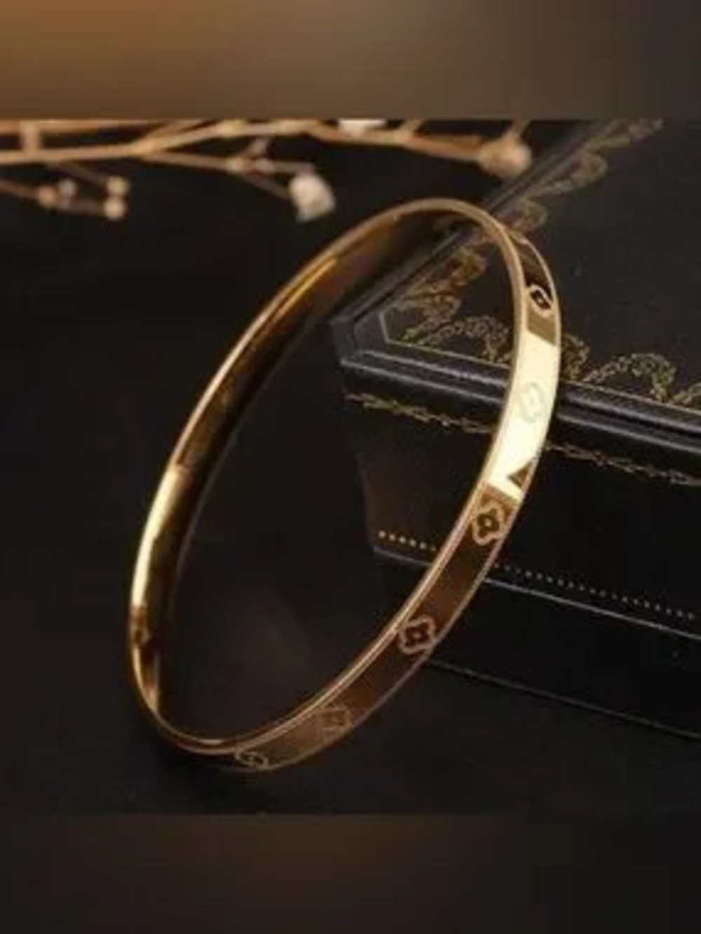 Gold Plated Stainless Steel Clover Etched Bangle Bracelet